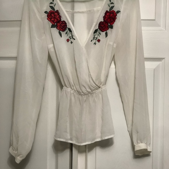 EXPRESS women’s sheer white blouse with embroidery print - Picture 2 of 7